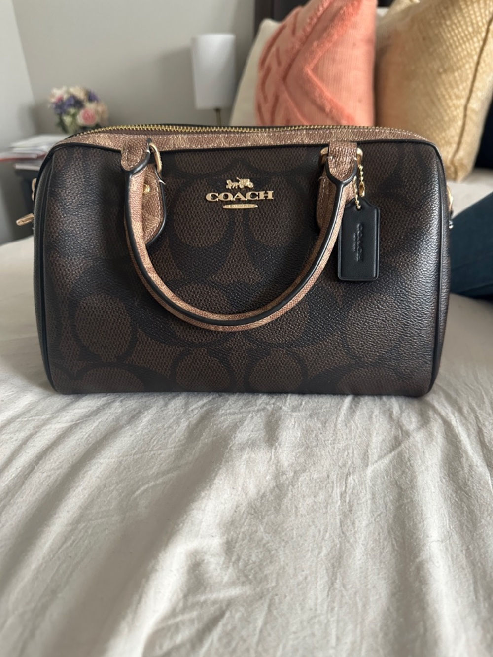 Coach Brown Signature Satchel with Metallic Rose Accents